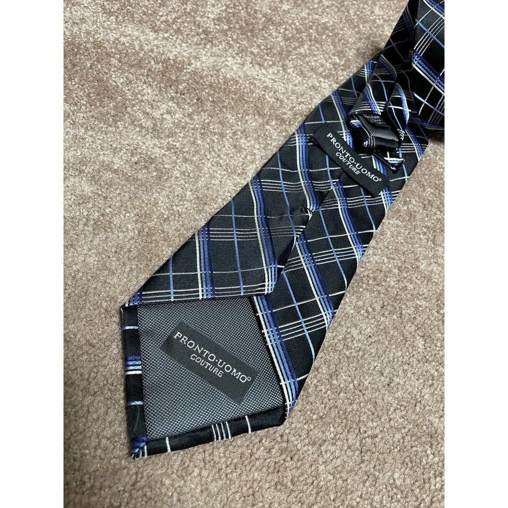Pronto Uomo Couture Tie Blue Gray Plaid Classic Mens Dress Necktie - Picture 4 of 5
